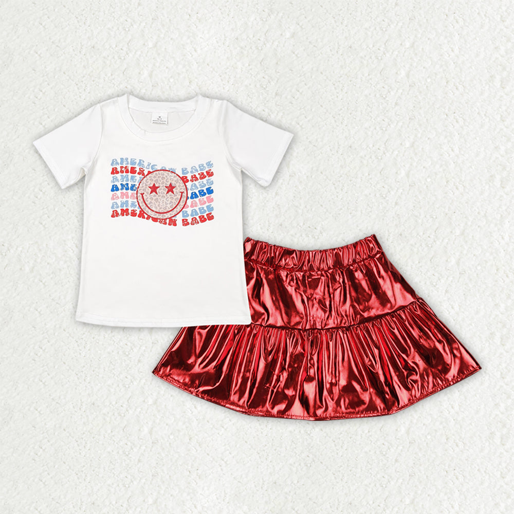 GSD2447 baby girls smile white short sleeve red leather skirt outfits