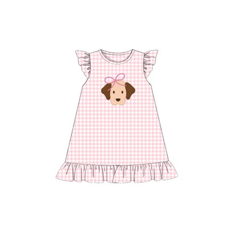 10.13 Pre-order GSD2914 Baby Girls puppy pink checkered flying sleeve dress
