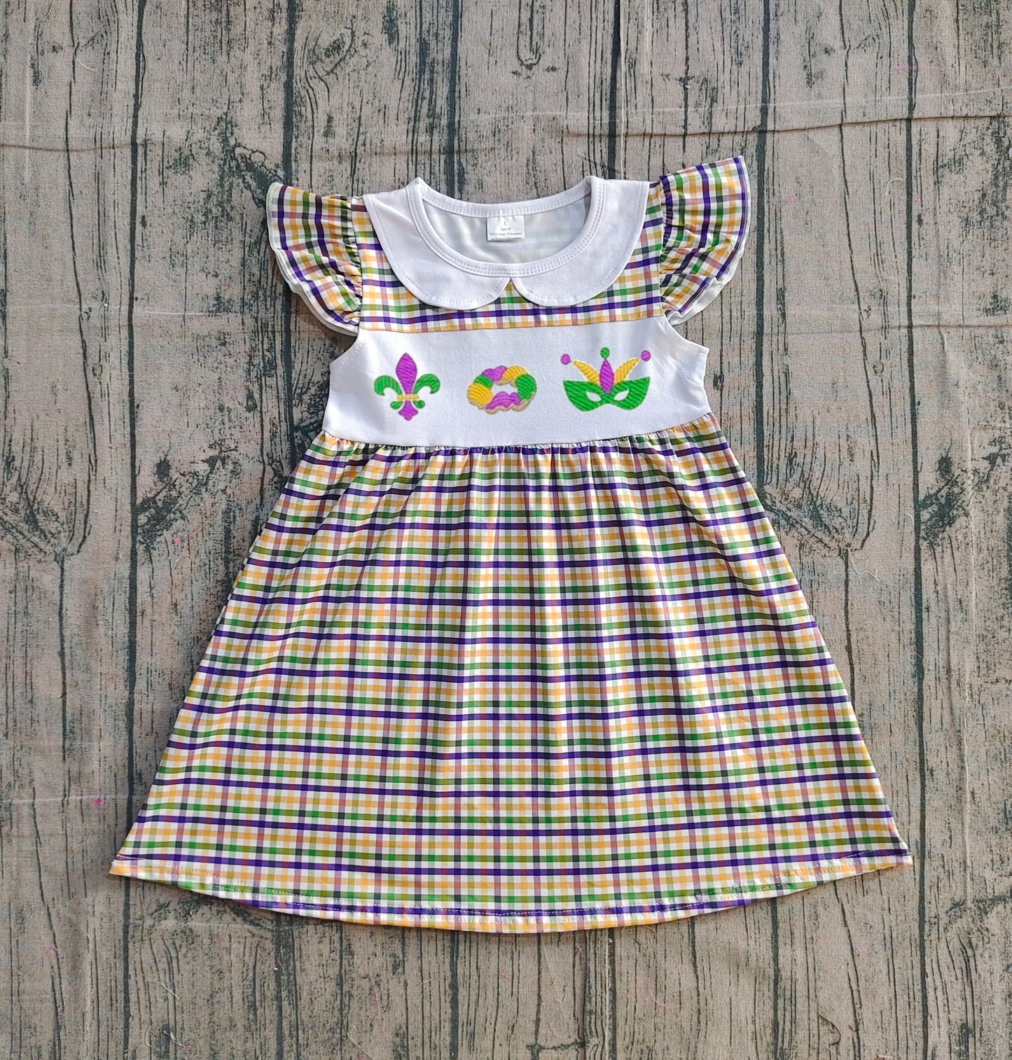 Pre-order GSD2934 Baby Girls Mardi Gras flying sleeve checkered dress embroidery