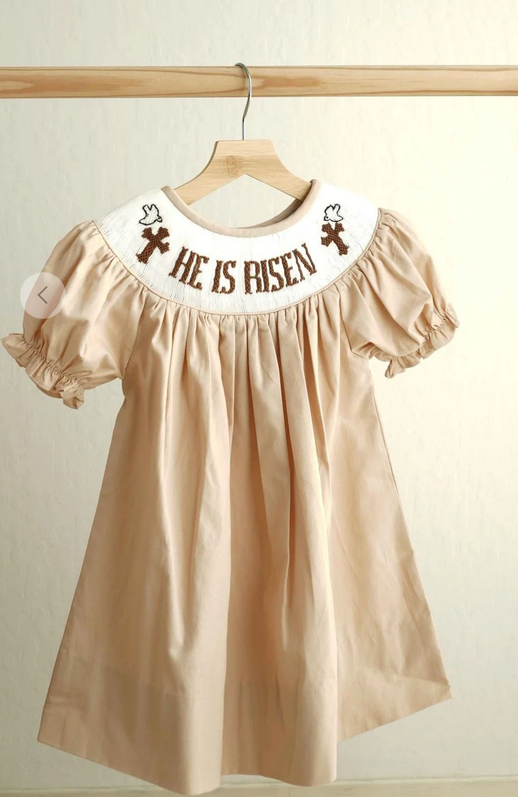 Pre-order GSD3123 Baby girls He is Risen short sleeves dress embroidery