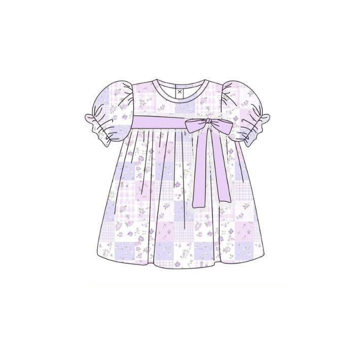 12.2 Pre-order GSD3362 Baby girls purple flower bow puff sleeve dress