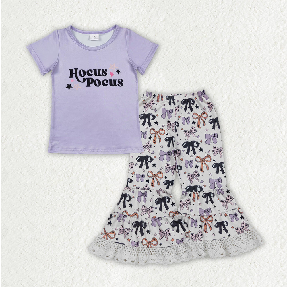 GSPO2064 Girls Halloween Hocus purple bow Outfits Short Sleeves Bell Bottom Floral Pants