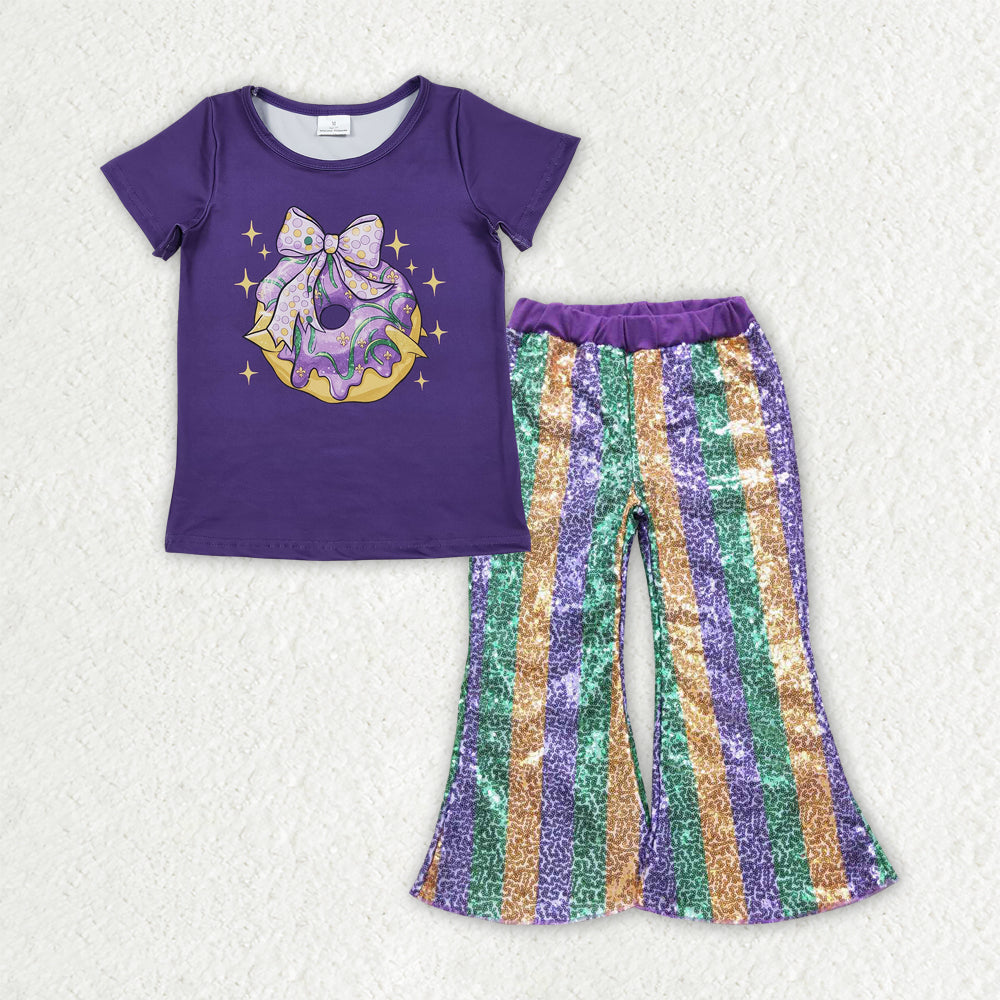 GSPO2161 Girls bow purple short sleeve Outfits Sequined Bell Bottom Pants