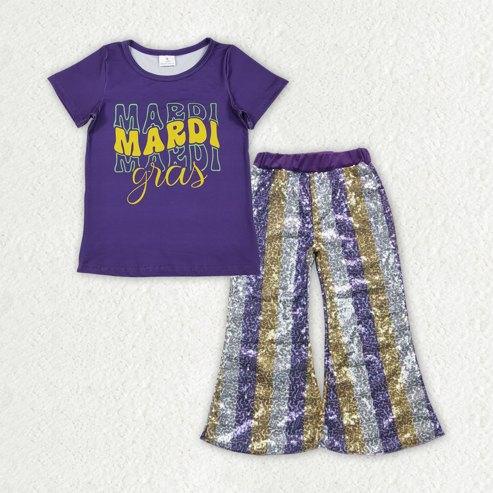 GSPO2162 Girls bow purple short sleeve Outfits Sequined Bell Bottom Pants