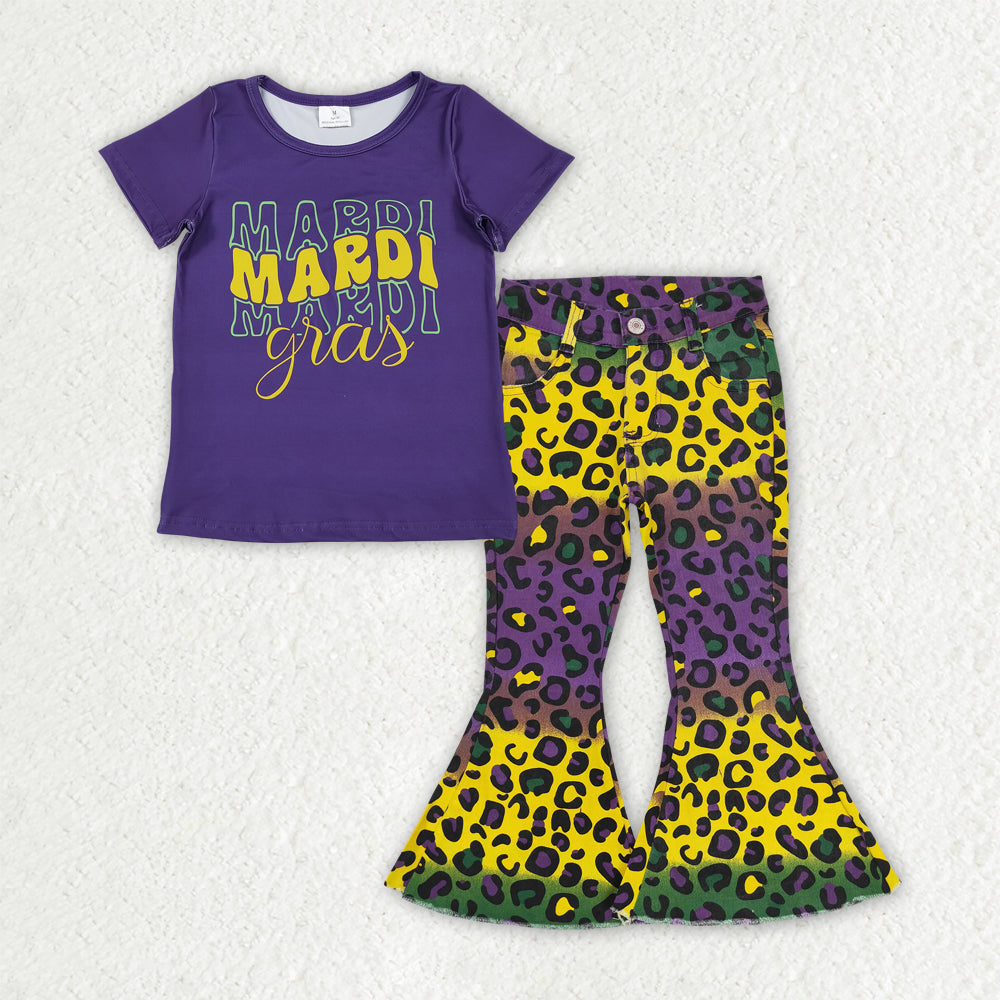 GSPO2166 baby girls Mardi Gras purple short leopard jeans outfits