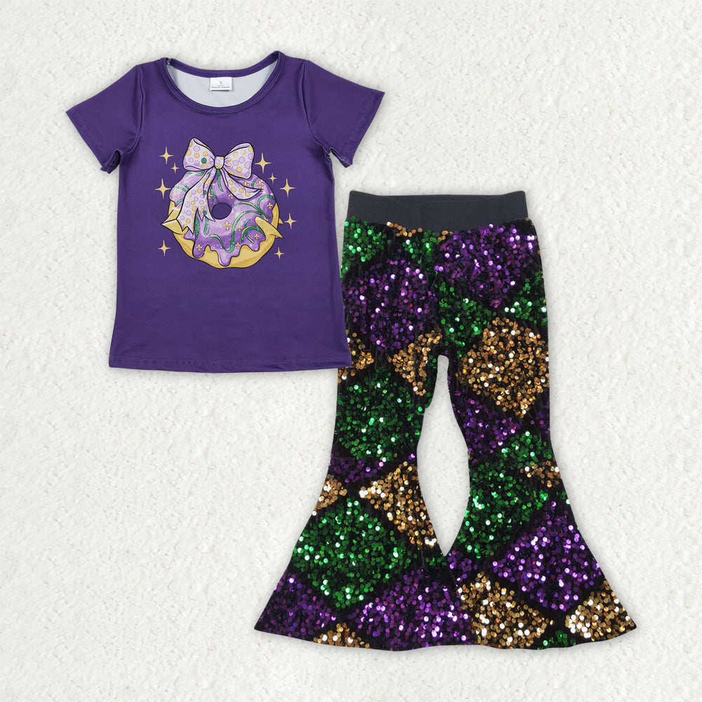 GSPO2181 Girls Mardi Gras short sleeve Outfits purple Sequined Pants