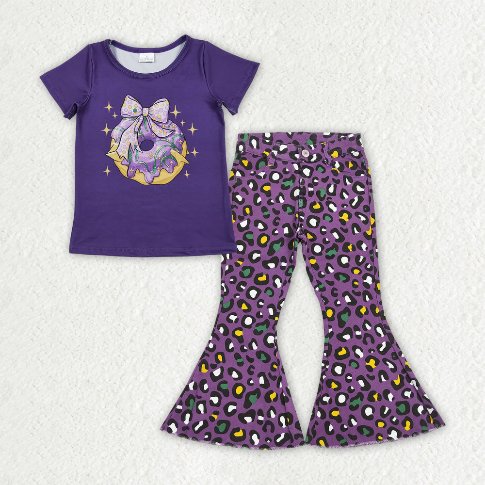 GSPO2186 Girls Mardi Gras short sleeve Outfits purple leopard jeans