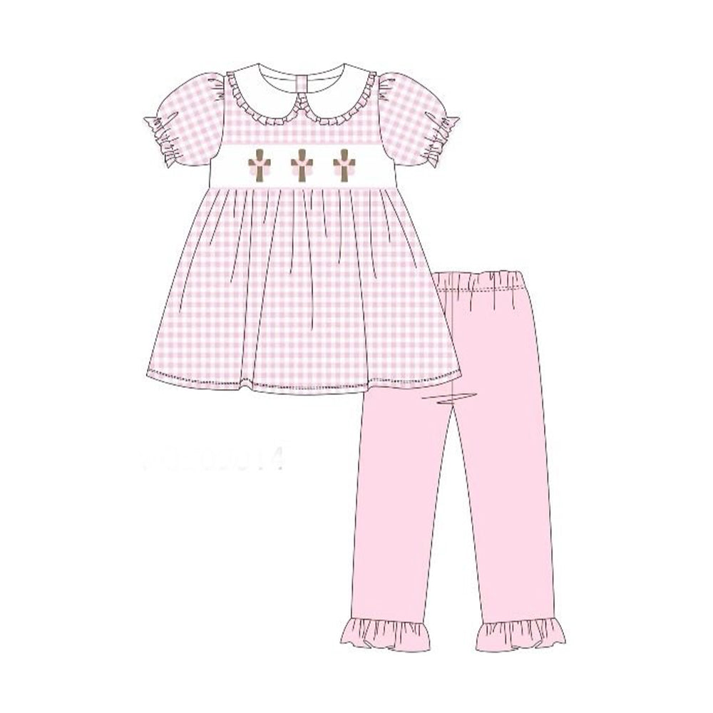 12.5 Pre-order GSPO2242 girls Easter crossing pink checkered puff sleeve doll outfits