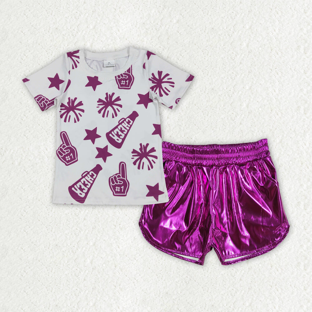 GSSO2515 baby girls purple CHEER leather shorts outfits
