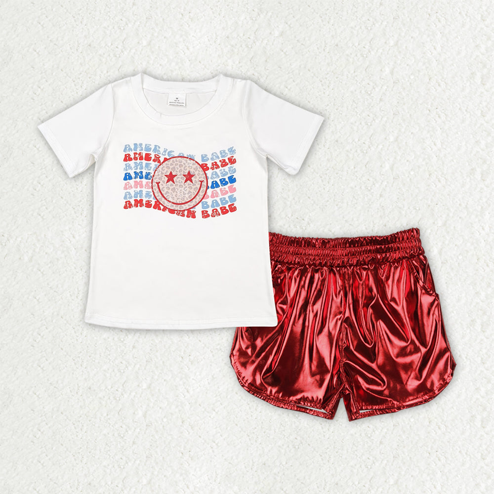 GSSO2547 baby girls smile white short sleeve red leather shorts outfits
