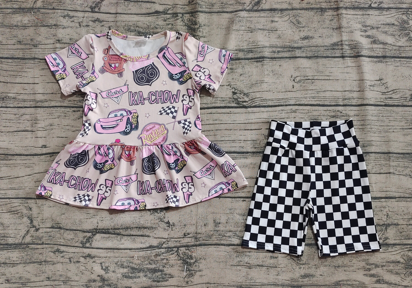 Pre-order GSSO2584 baby girls cartoon short sleeve checkered outfits