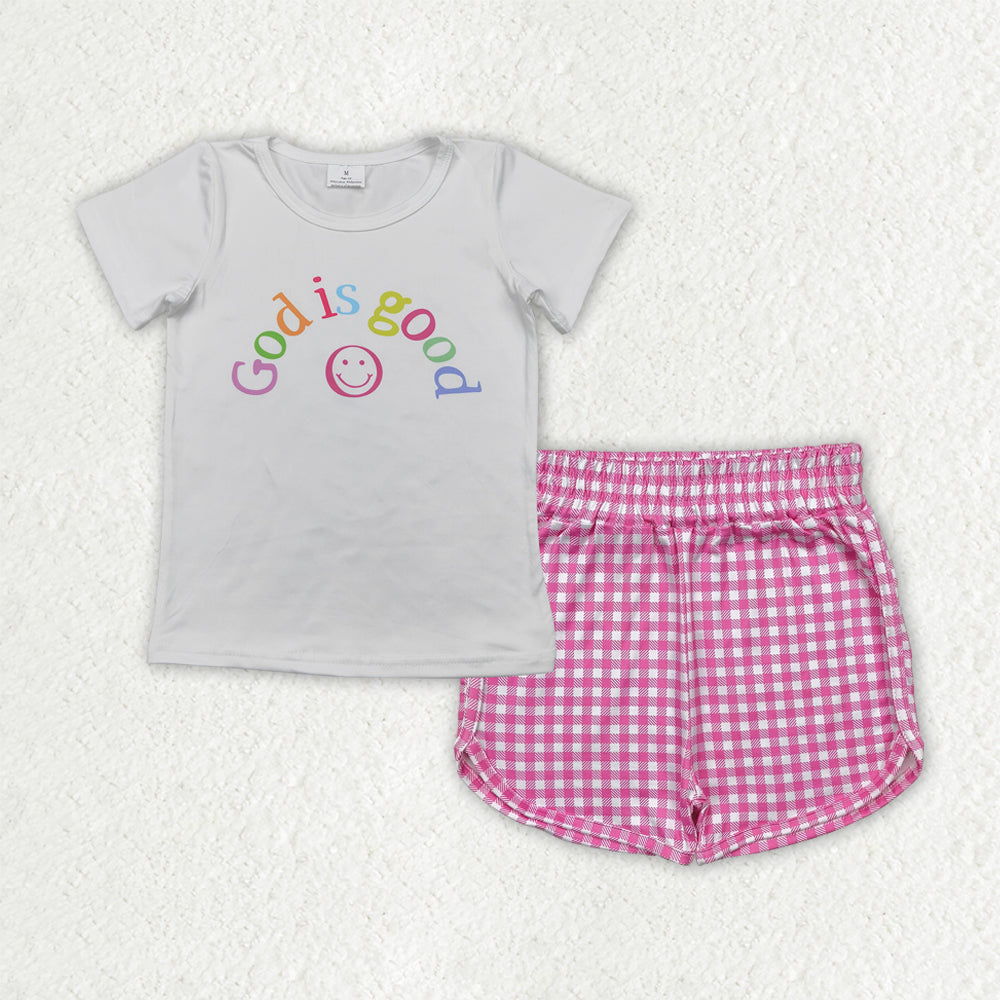 GSSO2594 girls white short sleeve GOD IS GOOD rose checkered shorts outfits