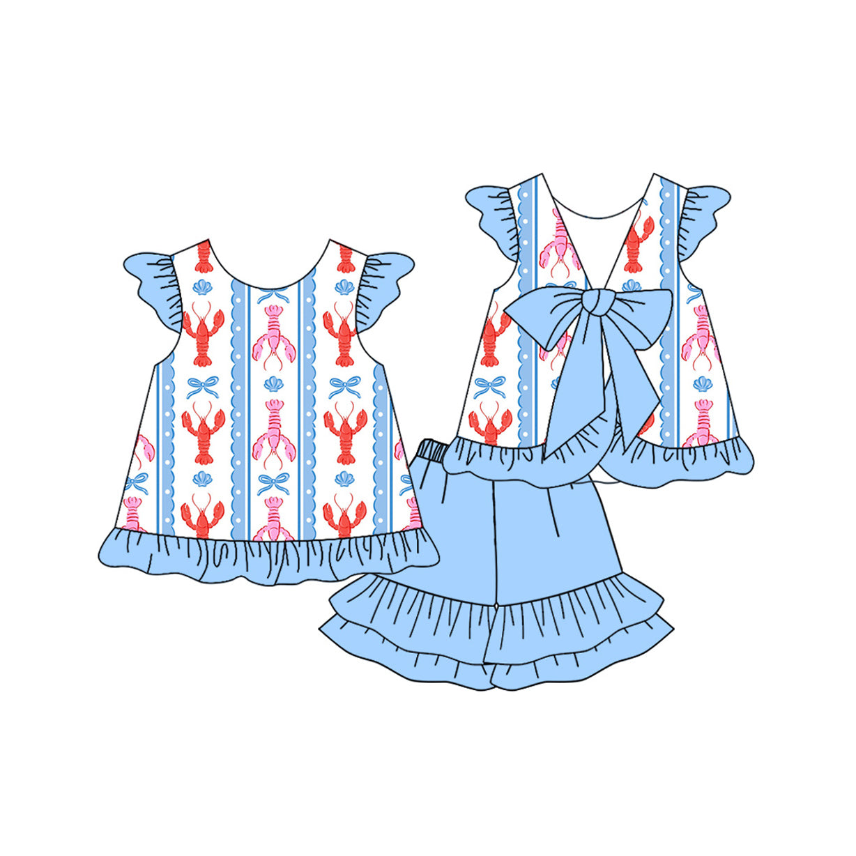 10.14 Pre-order GSSO2756 baby girls Mardi Gras blue flying sleeves Lobster short outfits