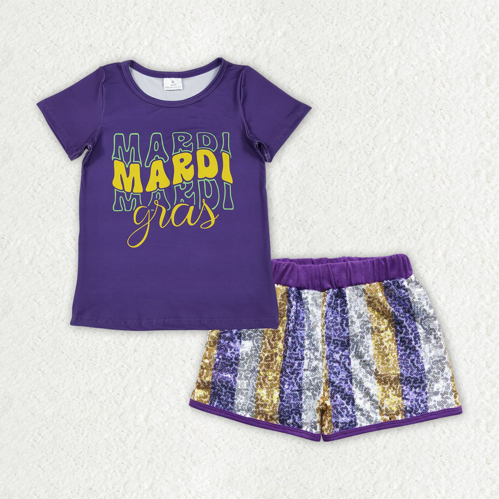 GSSO2805 girls Mardi Gras bow purple short sleeve stripe sequined outfits