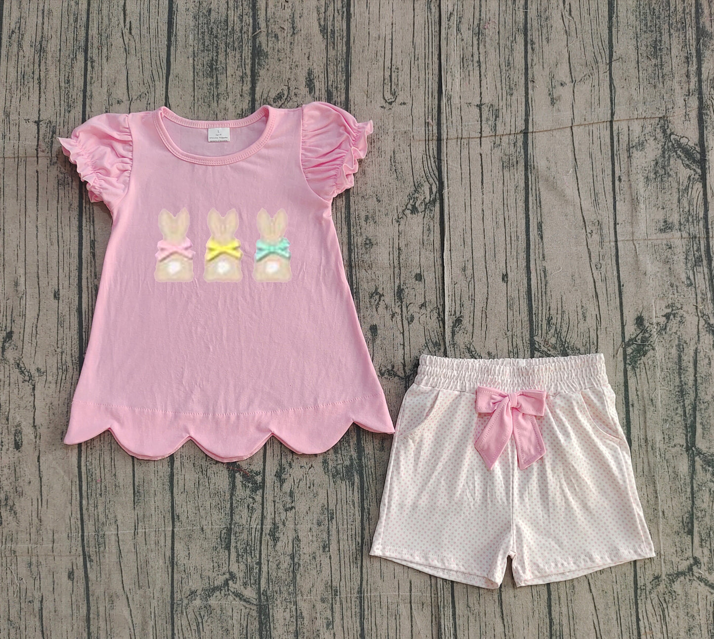 Pre-order GSSO2829 baby girls Easter bunny pink puff sleeeve shorts outfits embroidery