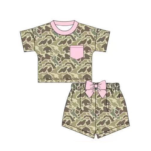 12.2 Pre-order GSSO2994 baby girls camo pink pocket short sleeve shorts outfits