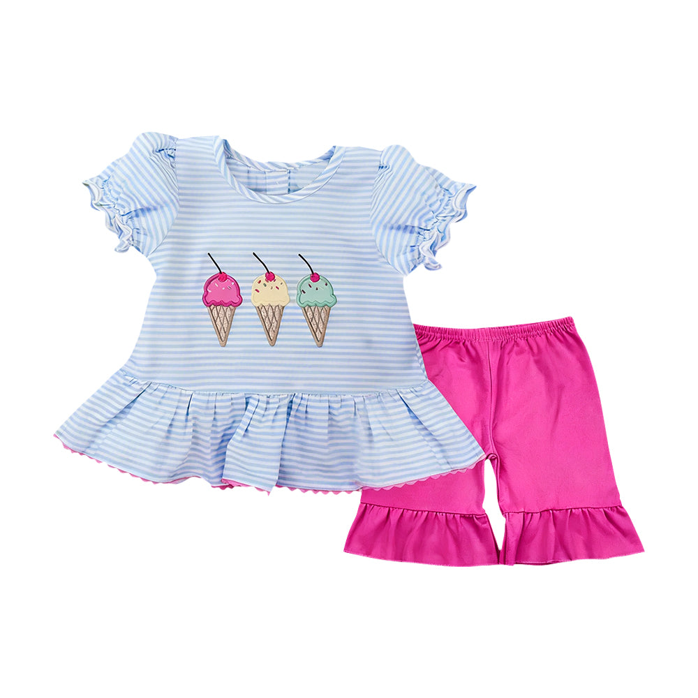 12.3 Pre-order GSSO2995 baby girls icecream blue stripe short sleeve rose shorts outfits