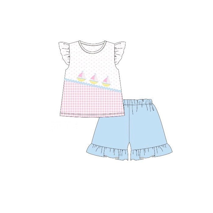 12.5 Pre-order GSSO2998 baby girls boat checkered flying sleeve blue shorts outfits