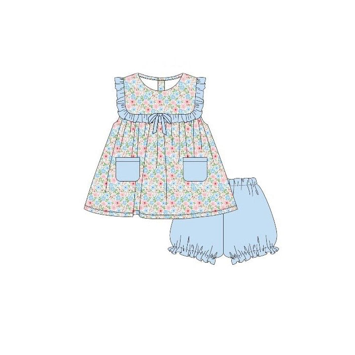 12.5 Pre-order GSSO3000 baby girls flower sleeveless pocket blue shorts outfits