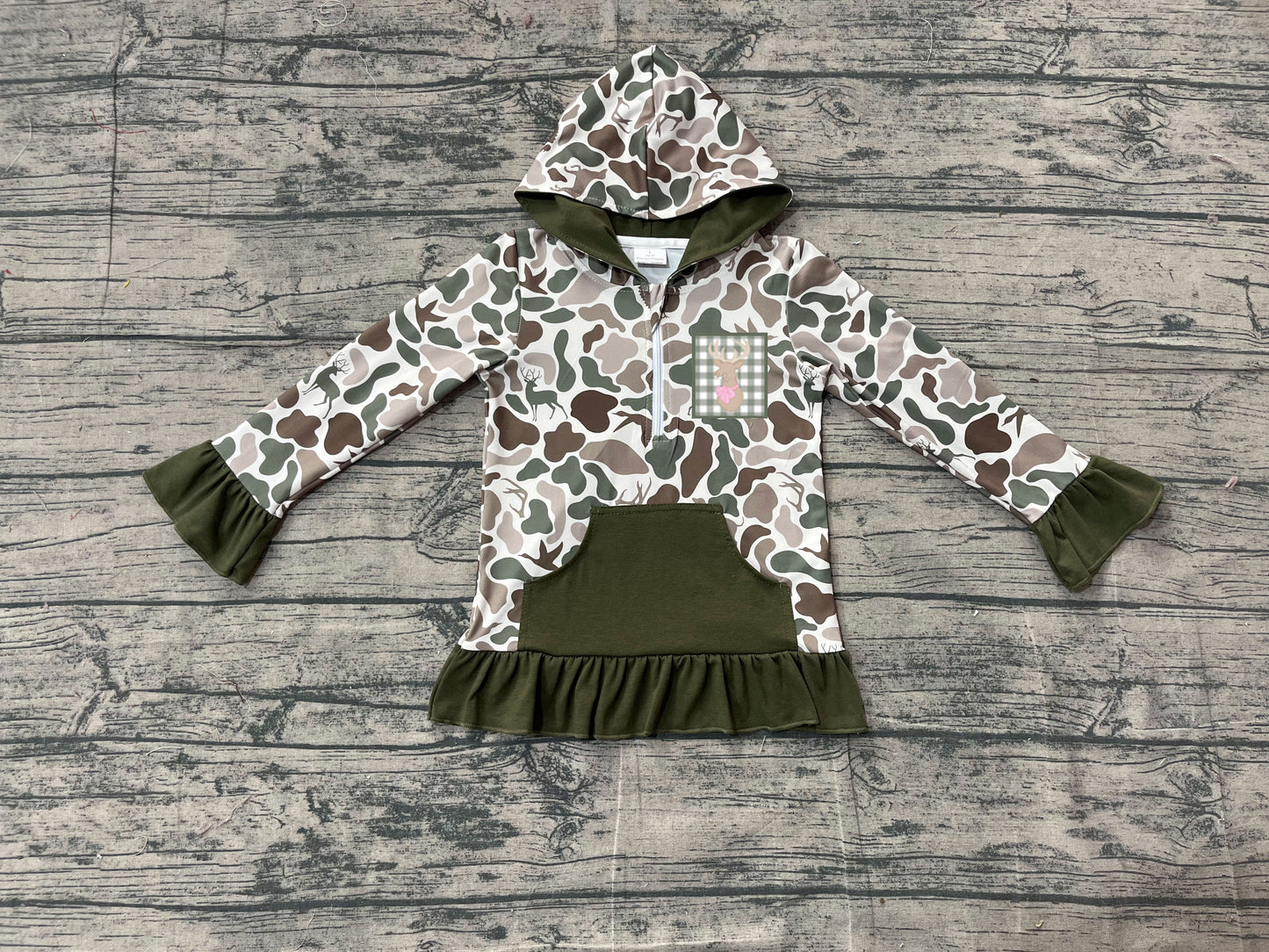 Pre-order GT1136 baby girls green camo duck deer floral hoodies zipper top embroidery