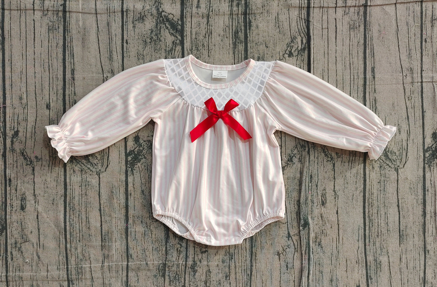 Pre-order LR2773 baby girls pink stripe bow long sleeves romper embroidery
