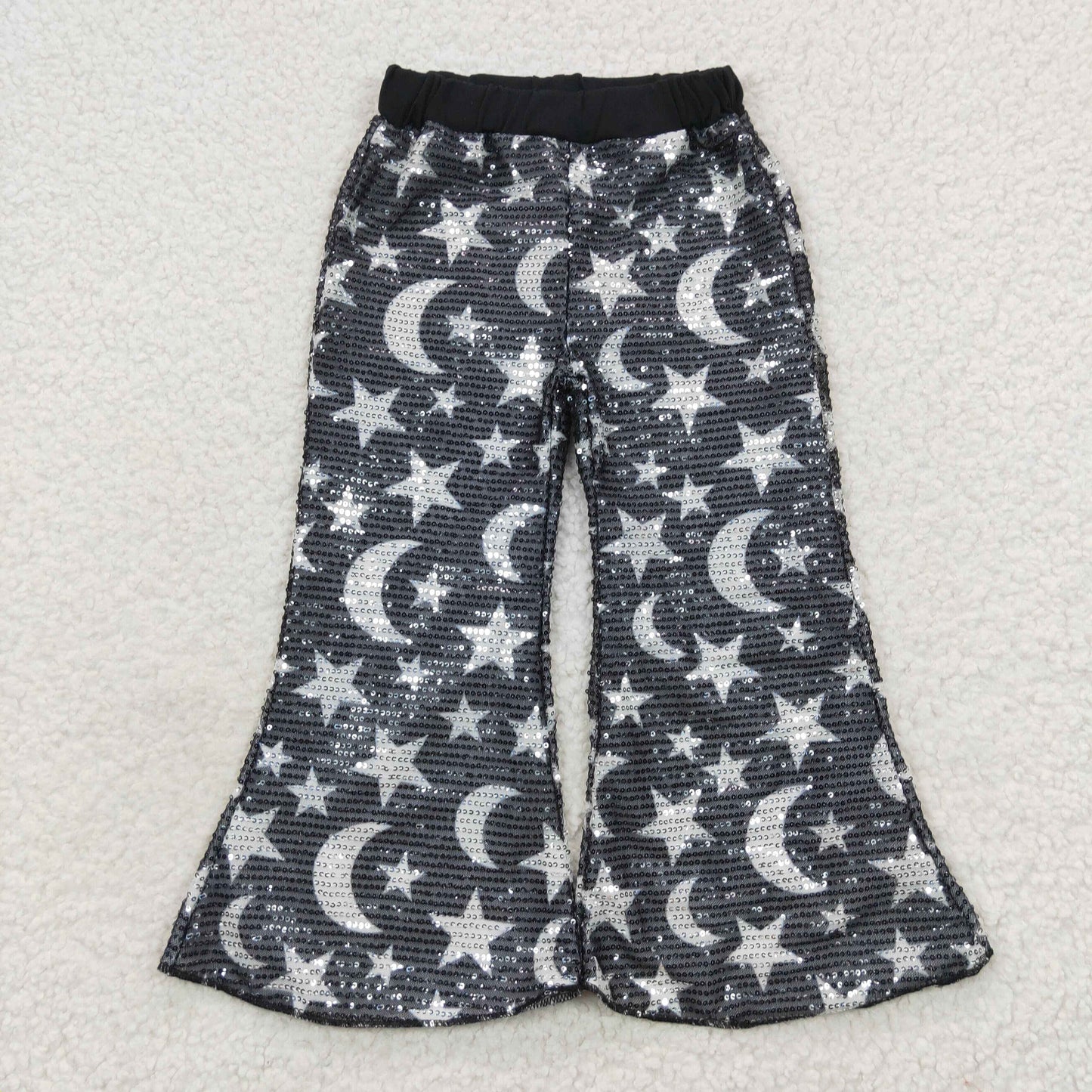P0245 Girls Black Sequined Bell Bottom Pants