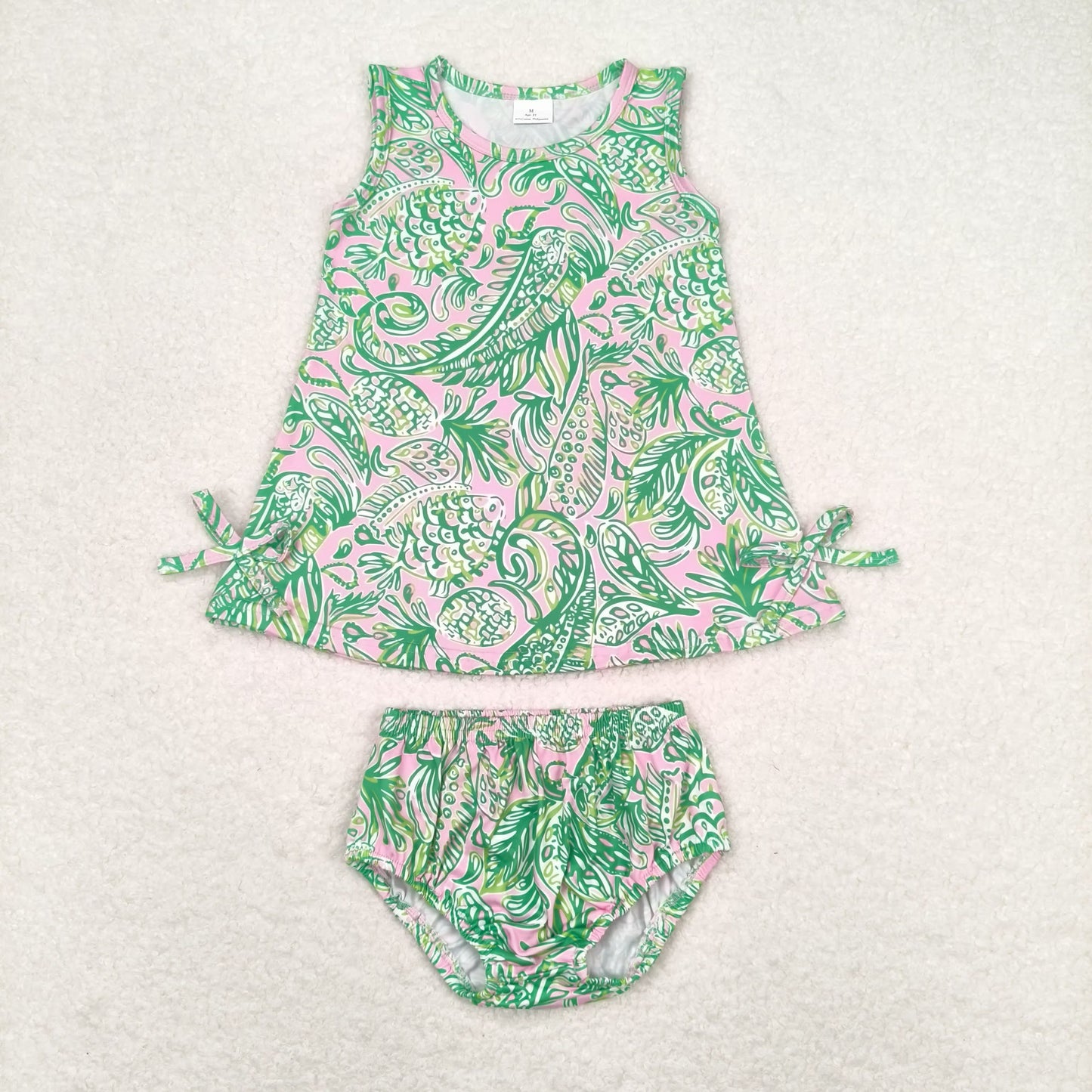 GBO0343 Sleeveless green pink watercolor baby girls bummies set