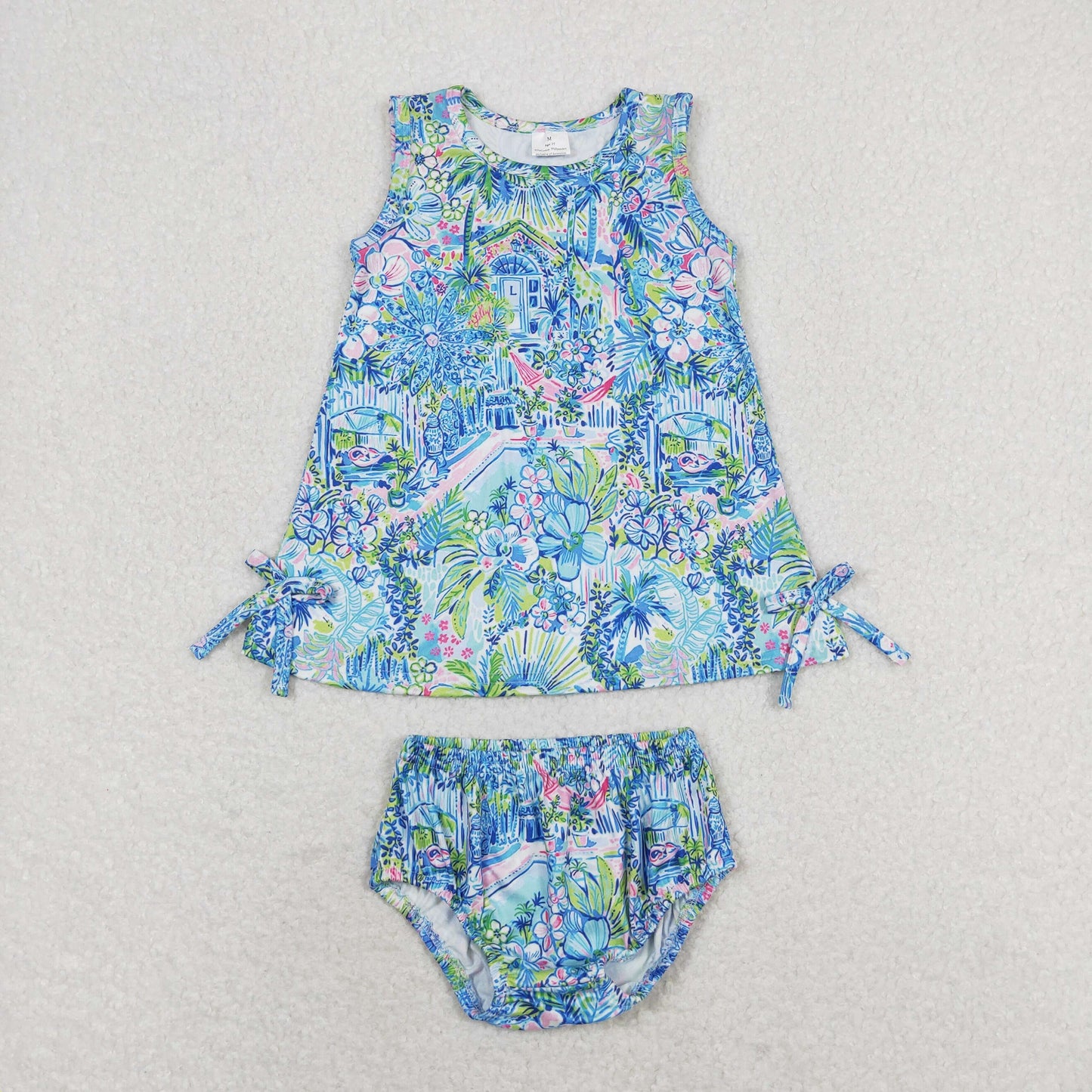GBO0340 Sleeveless green blue watercolor girls bummies set
