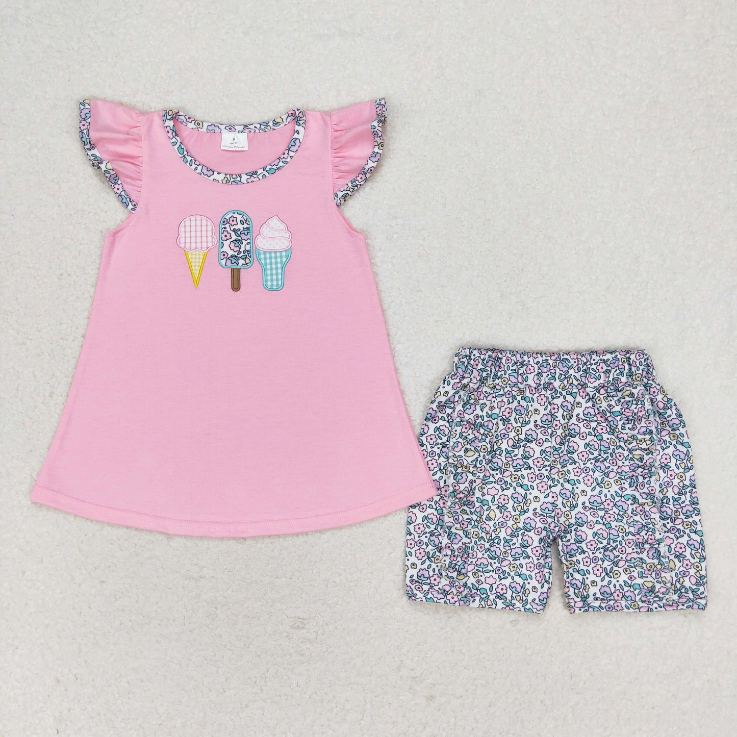 GSSO1193 GIRLS Flutter sleeves ice cream top floral shorts Embroidery