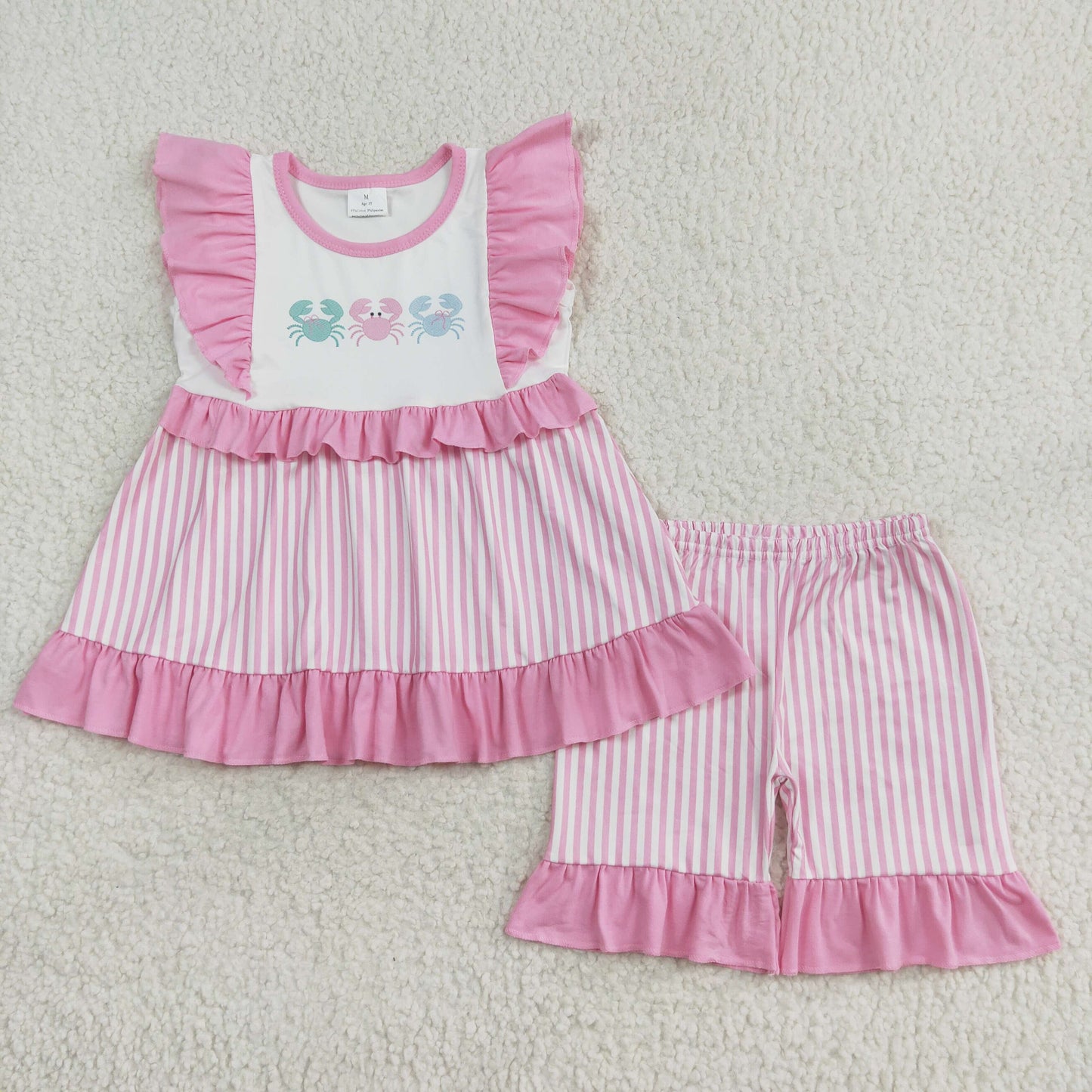 GSSO1258 Flutter sleeves crab pink stripe girls summer clothes