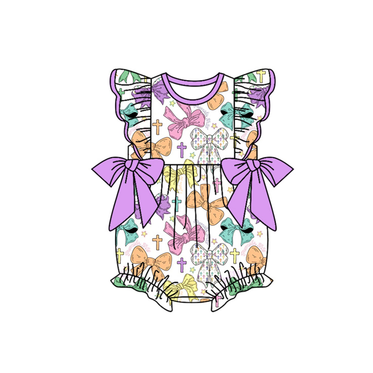 10.14 Pre-order SR3318 baby girls Mardi Gras flying sleeves purple bow romper