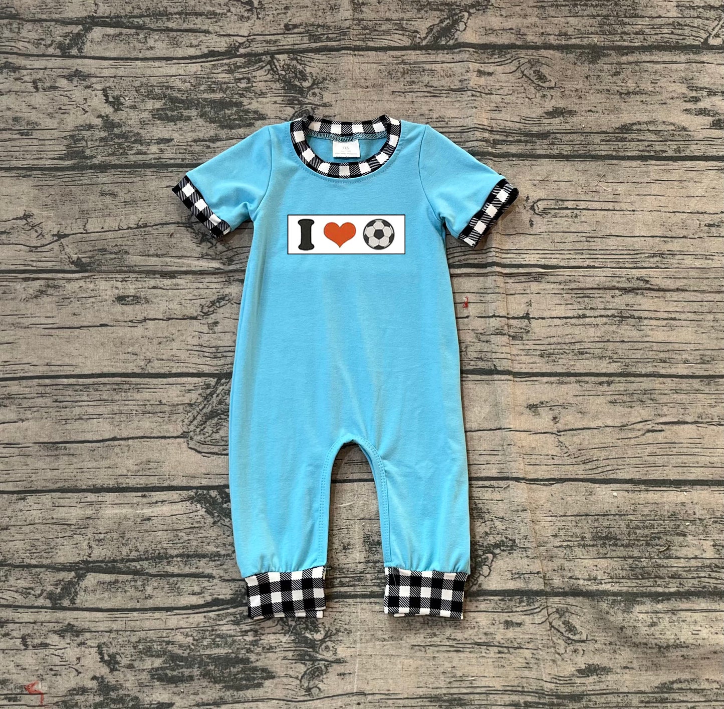 Pre-order SR3369 baby boys I LOVE Soccer short sleeve blue romper embroidery