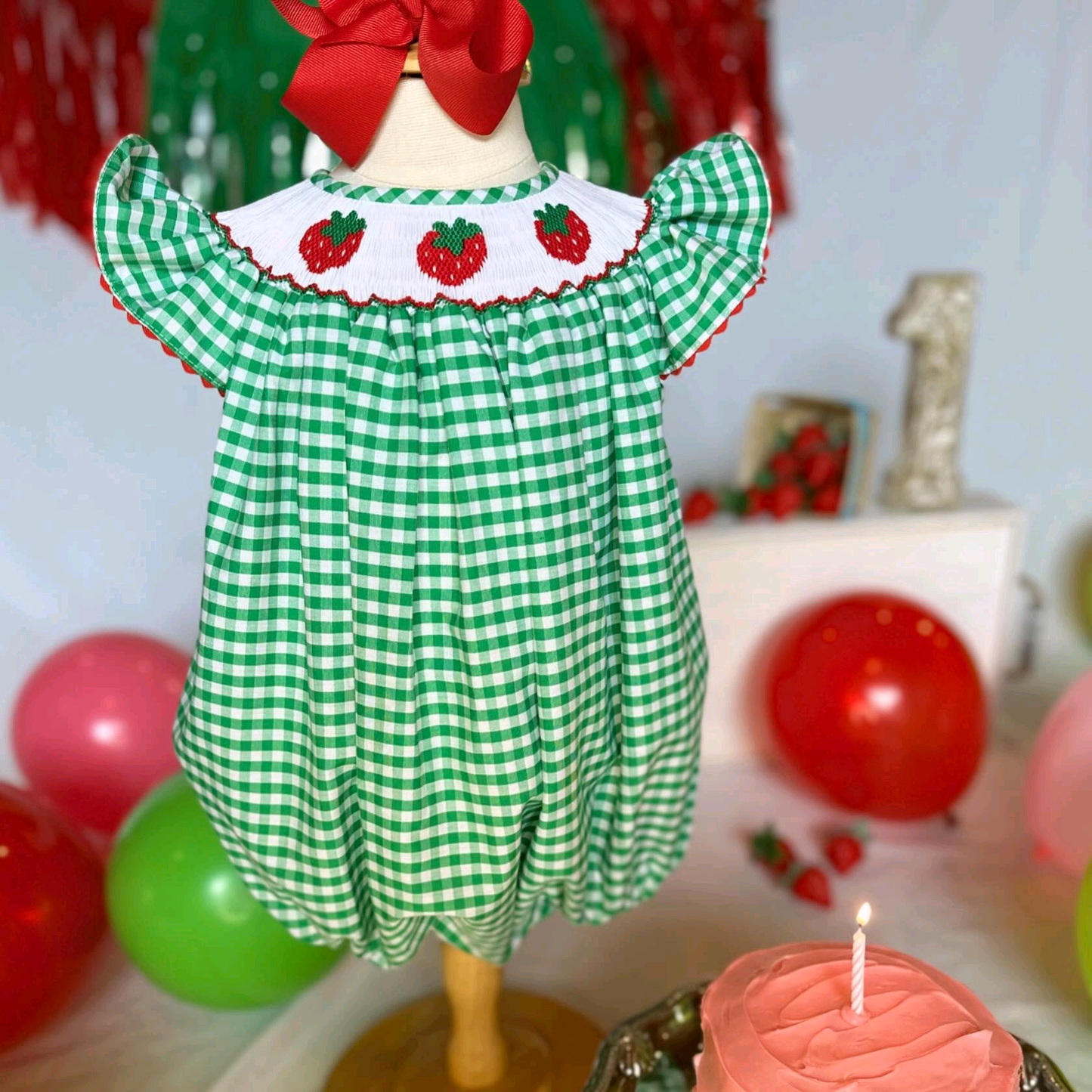Pre-order SR3550 baby girls strawberry green checkered flying sleeve romper smocked