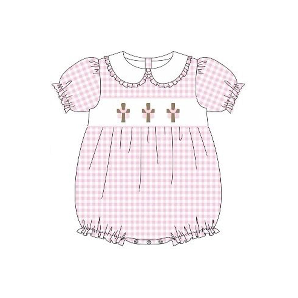 12.5 Pre-order SR3756 baby girls Easter crossing doll pink checkered puff sleeves romper