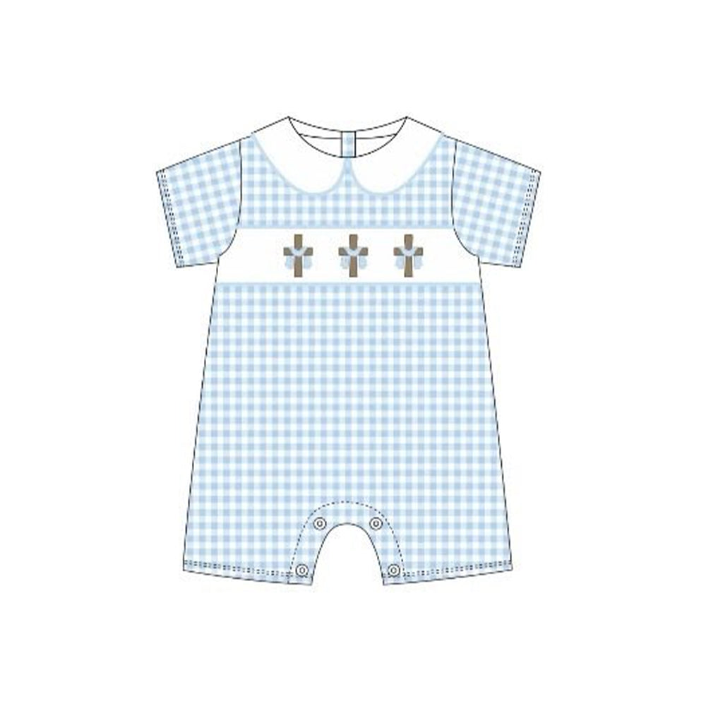 12.5 Pre-order SR3758 baby girls Easter crossing doll blue checkered short sleeves romper