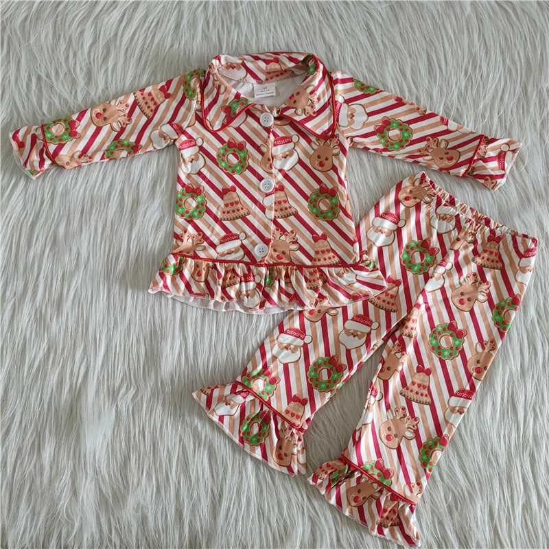2.99 6 A23-18 Girls Christmas Pajamas Stripe Long Sleeves Ruffle Pants