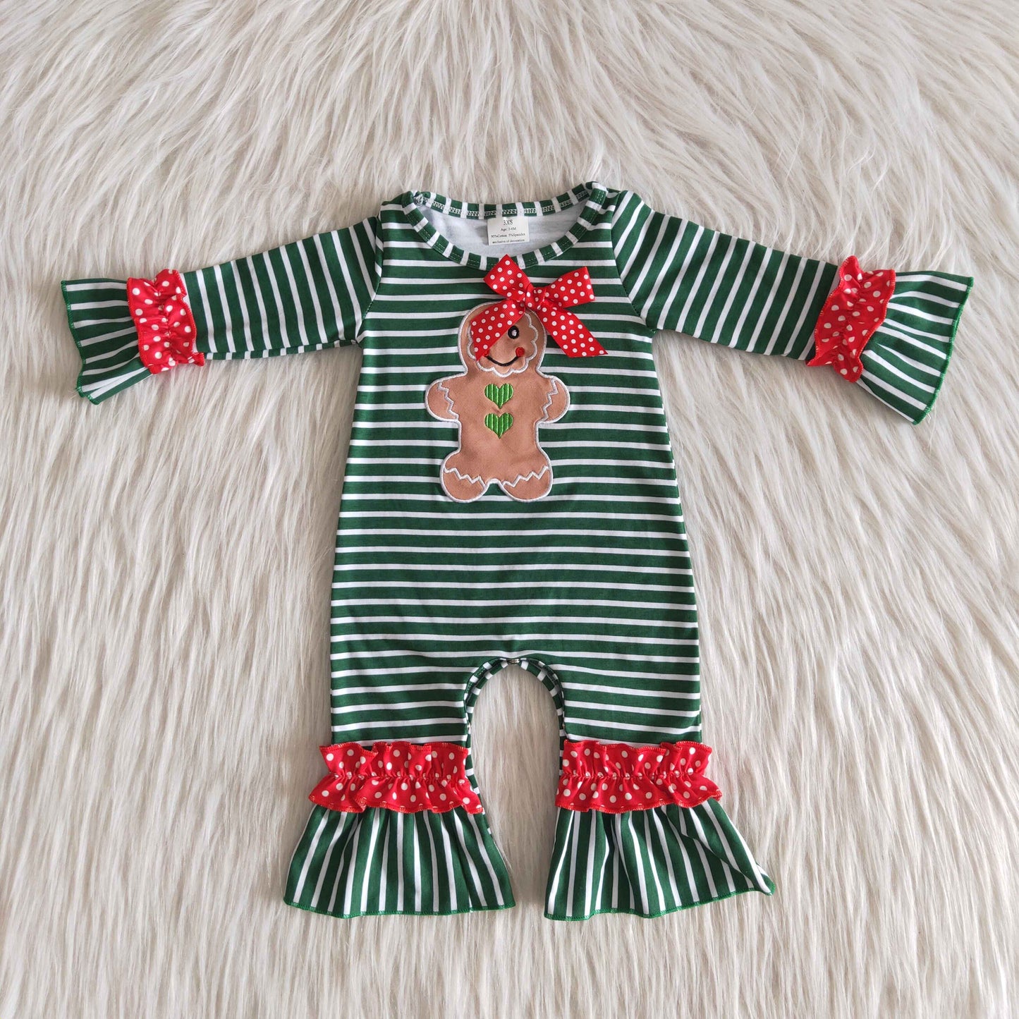 6 C10-6 Girls Embroidery Christmas Rompers Green Stripe
