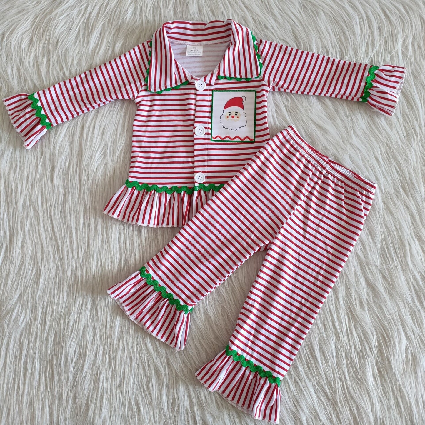 6 B9-3 Baby Girls Christmas Pajamas Embroidery Red Stripe Long Sleeves Pants
