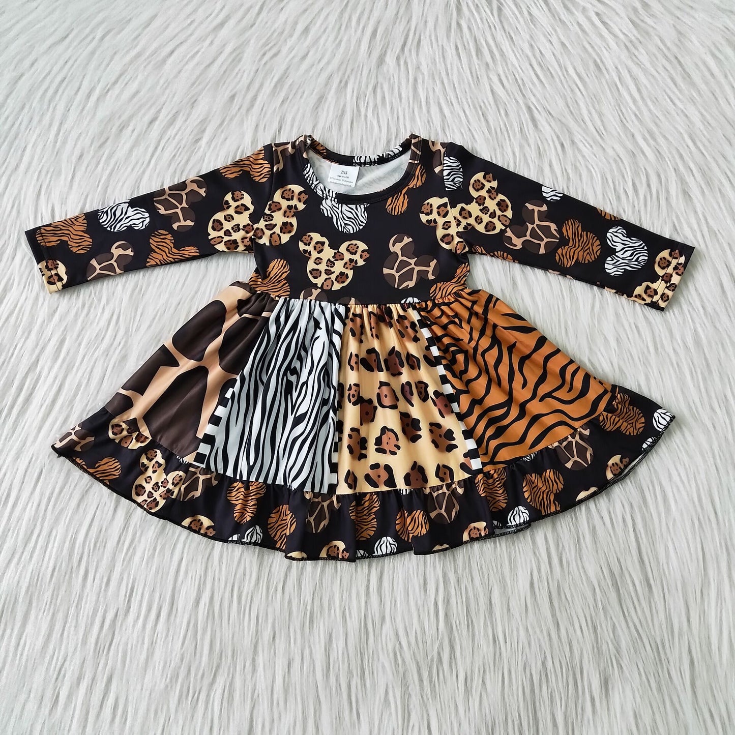 Girls Cartoon Dress Long Sleeves Brown