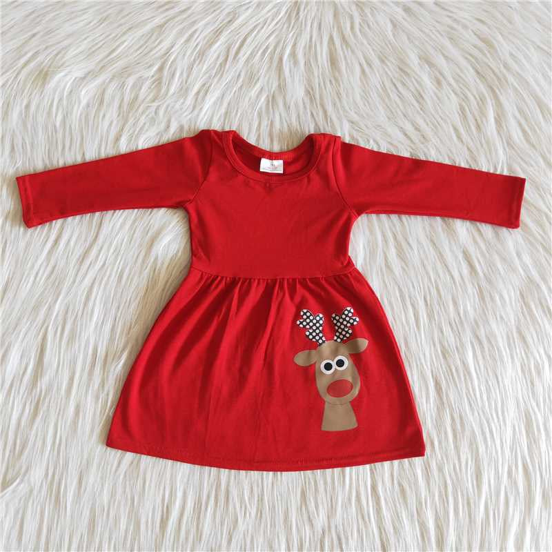 6 A30-26-1 Girls Christmas Reindeer Dress Long Sleeves Red