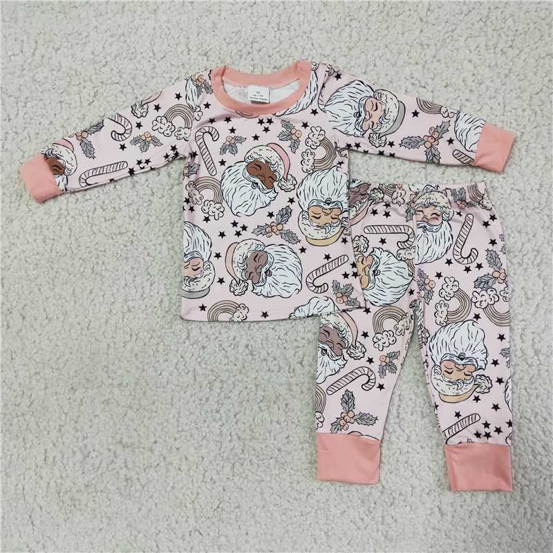 Girls Christmas Santa Pajamas Long Sleeves Pink