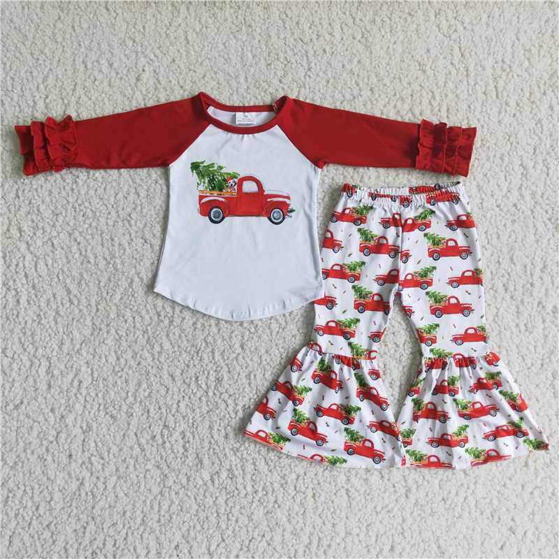 Girls Christmas Car Outfits Long Sleeves Bell Bottom Pants Red
