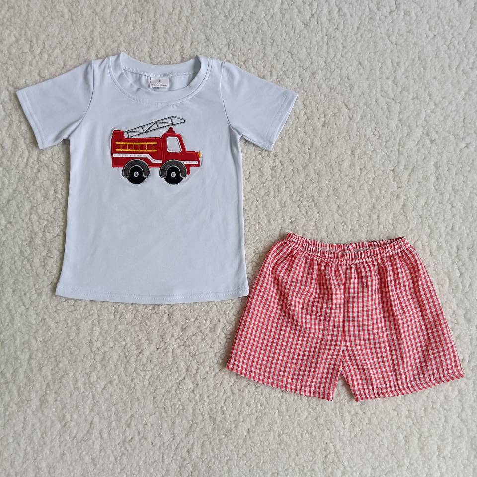 Boys Embroidery Fire Fighting Truck Outfits Short Sleeves Red Shorts