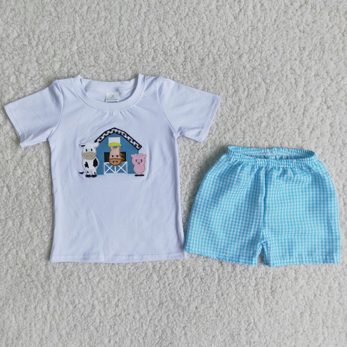 Boys Embroidery Cow Outfits Short Sleeves Blue Shorts