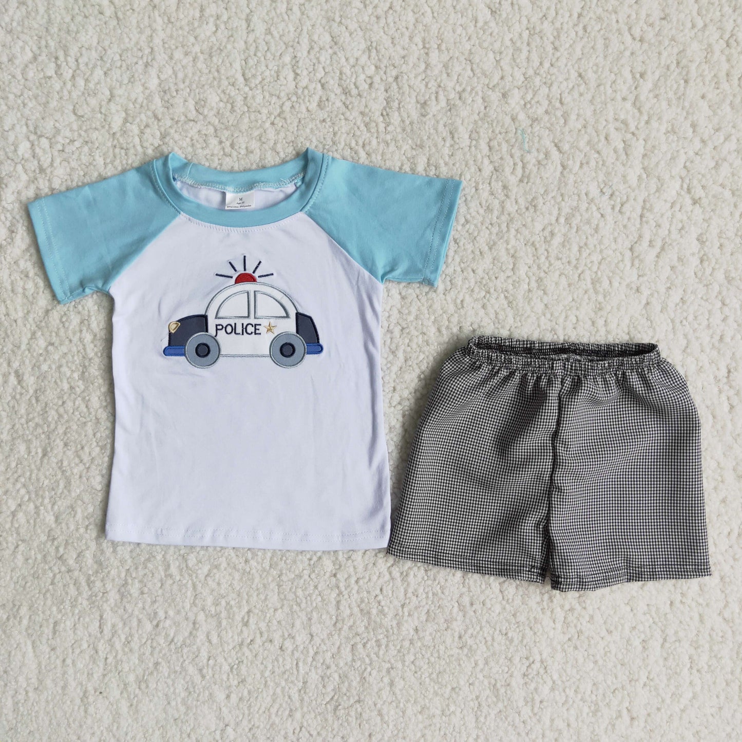 Boys Embroidery Police Outfits Short Sleeves Shorts