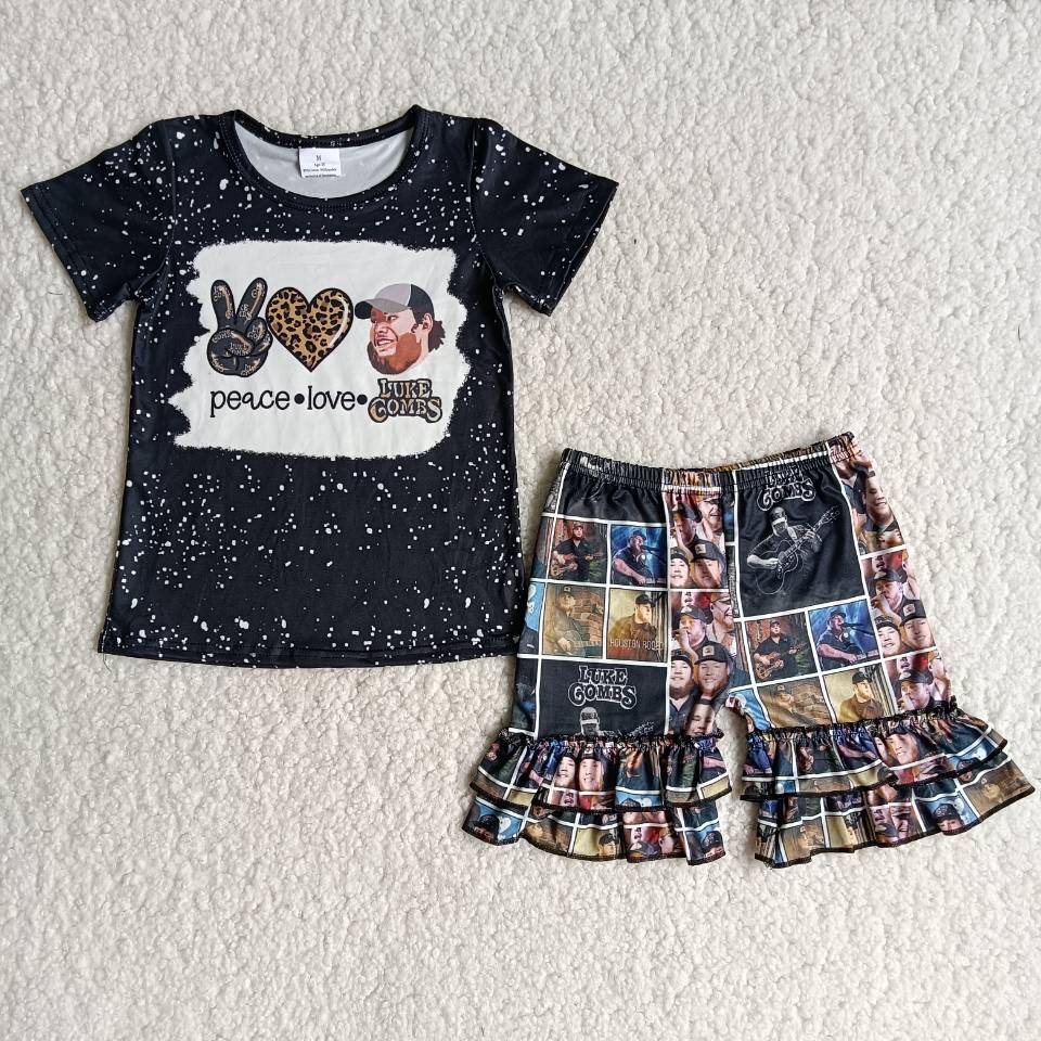 1.99 B16-3 Girls Peace Love Outfits Short Sleeves Black Shorts