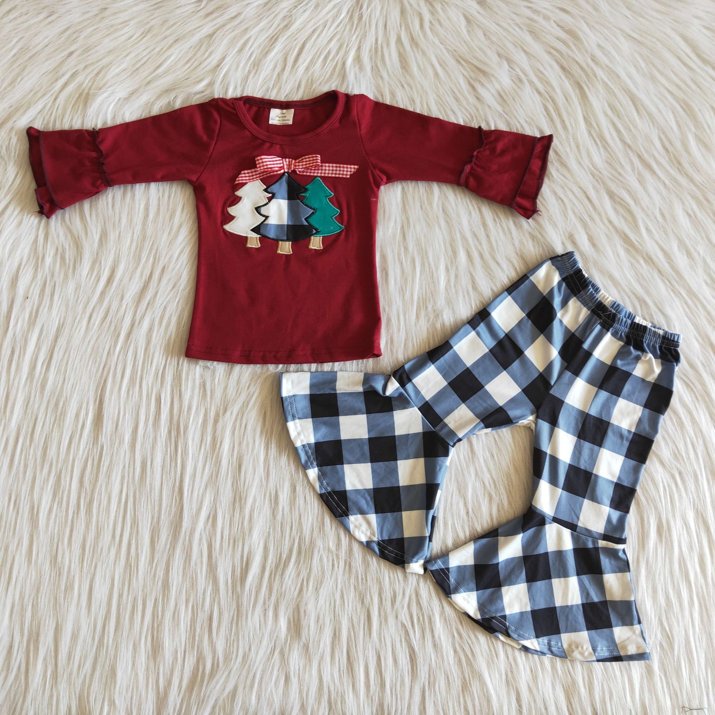 6 C6-40 Baby Girls Embroidery Christmas Tree Outfits Long Sleeves Bell Bottom Plaid Pants