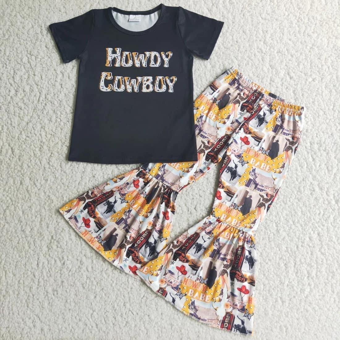 1.99 E4-15 Girls Howdy Cowboy Outfits Short Sleeves Bell Bottom Pants