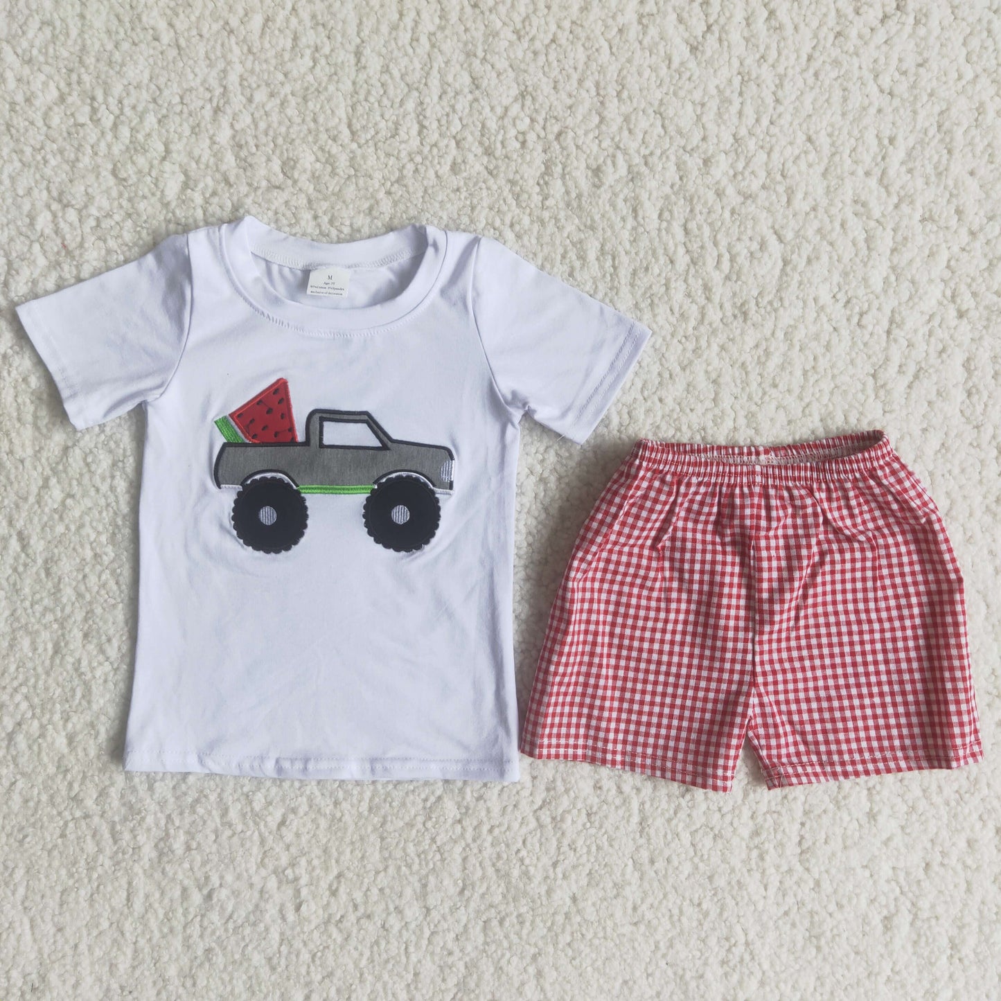 Boys Embroidery Watermelon Outfits Short Sleeves Red Shorts