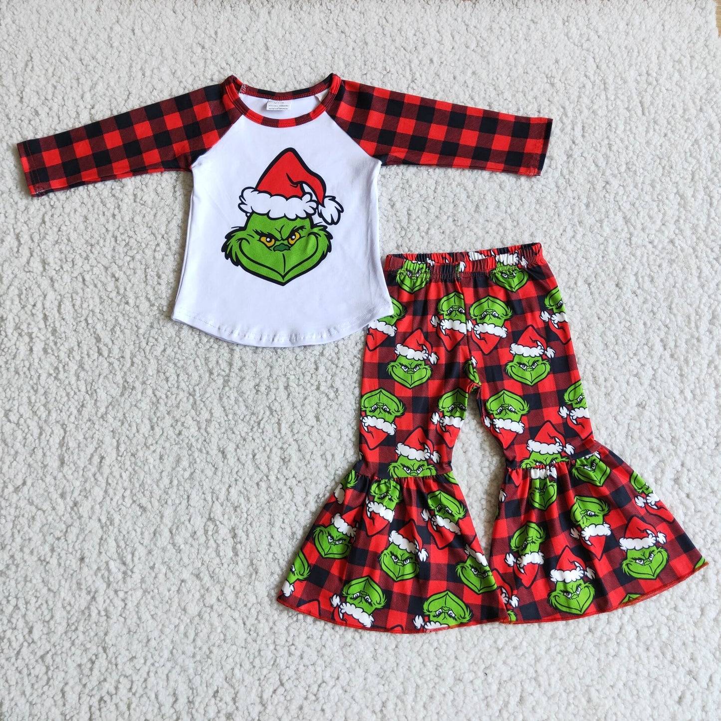 6 A18-30 Baby Girls Christmas Outfits Long Sleeves Bell Bottom Pants Plaid